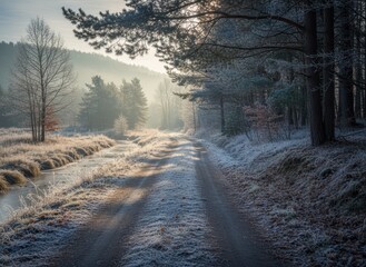 Obraz premium Frosty Morning Landscape with River and Sunlight through Trees