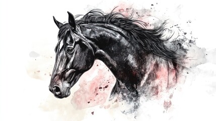 Black horse portrait with watercolor effect in shades of black, white, and pink colors