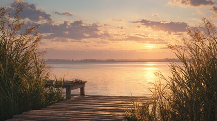 a blank canvas sits on a wooden dock by a serene lake surrounded by tall grass and a warm sunset glow reflecting on the water