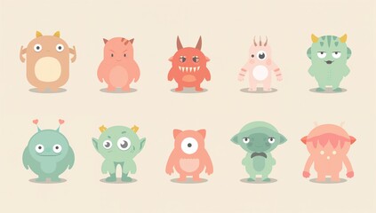 Flat vector set of adorable monster characters showing playful emotions. Includes a tiny horned devil, funny ugly alien, and happy round creature