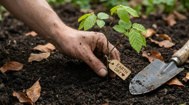 Dirty hand planting a young tree sapling with an 'Earth Day' tag into fertile soil  symbolizing environmental conservation and reforestation efforts. - Powered by Adobe