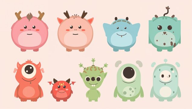 Simple flat vector monster set with smiling creatures, small devils, and silly aliens. Clean shapes, pastel colors, and comic style suitable for greeting cards, apps, and educational visuals.