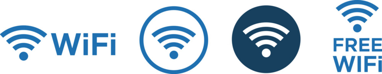 WiFi icons with signal symbols, blue and white design, free internet access, connectivity, wireless network, hotspot, vector illustration