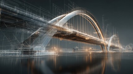 vision of architecture of a 3d model bridge project with blueprint