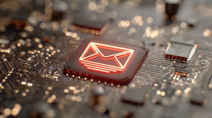 red email icon glows on circuit board