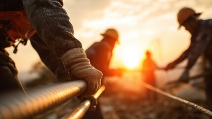 Fototapeta premium construction workers install fiber optic cable outdoors during golden hour teamwork focuses on infrastructure project connecting homes with advanced technology rural setting modern telecom