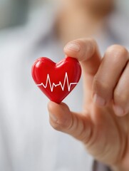 Obraz premium health medicine people and cardiology concept close up of hand with cardiogram on small red heart no logos no brands ar 34