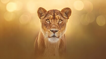 Obraz premium ferocity. Lioness portrait with intense gaze and detailed fur in golden savannah setting. wildlife magazines, conservation campaigns, designed for wildlife conservation campaigns.