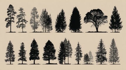 Pine forest silhouette vector set with flat black oak and pine tree shapes 