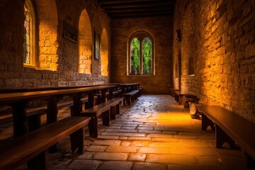 Fototapeta premium Inside a medieval stone church, warm amber light highlights wooden pews beside arched windows in soft evening!