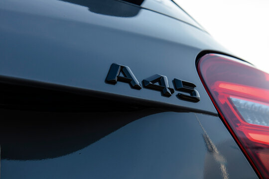 November 26, 2020, Seoul, South Korea - A close-up of the A45 emblem on the rear of a Mercedes-Benz A45 AMG car.