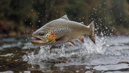 Brown Trout Leaping from Water - A Moment of Aquatic Grace.