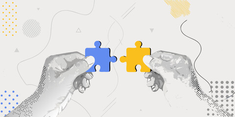 Hands connecting puzzle pieces with abstract background patterns and shapes