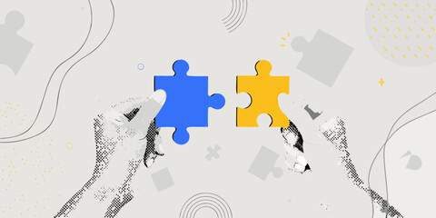 Fototapeta premium Hands connecting blue and yellow puzzle pieces on a patterned background