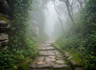 Obraz premium Enchanted Pathway Through Foggy Forest Surrounded by Lush Greenery