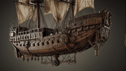 Intricate Wooden Model of a Galleon Ship with Sails Set.