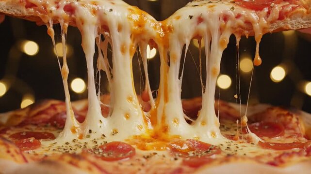 Delicious Pepperoni Pizza with Melted Cheese Pull and Bokeh Background.