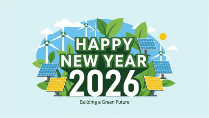 Happy New Year 2026 Greeting Card for a Green Future with Renewable Energy.