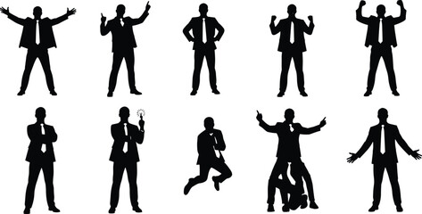 Businessperson gesture silhouette set, black expressive posture and action illustration, leadership, creativity, and communication concept graphic