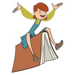 Happy girl flying on book.