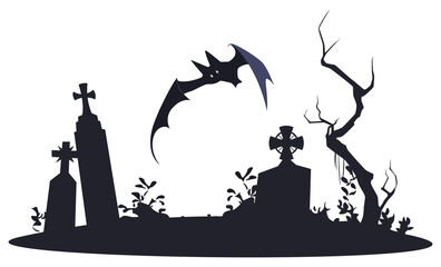 Spooky cemetery silhouette with bat.