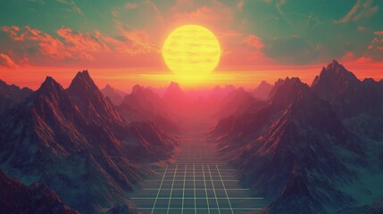 Retro sunset over a gridded valley between mountains.