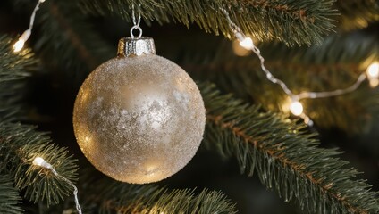 Close up of a sparkly Christmas ornament hanging on a green pine tree with festive lights.