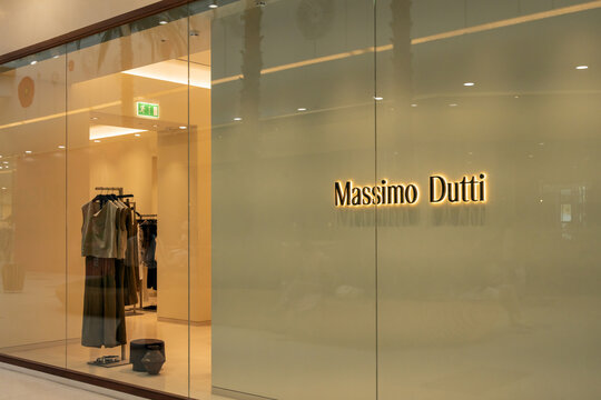 Almaty, Kazakhstan - July 17, 2025: Glass display case at the Massimo Dutti store