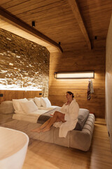 Cozy hotel room with elegant design and relaxation area