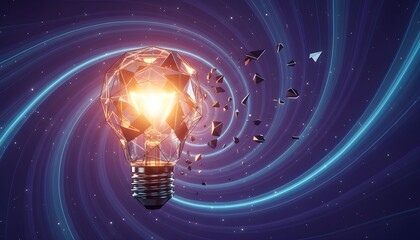 Glowing geometric light bulb shattering into pieces representing innovation and breaking new ground set against a swirling cosmic background