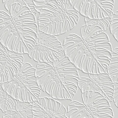 3d Textured embossed vector seamless pattern. Relief tropical background with emboss monstera leaves. Gray and white endless backdrop ideal for branding, wall decor, luxury packaging, modern prints. © Elmar