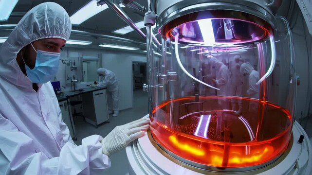 scientists in sterile protective suits working in pharmaceutical factory, bioreactor with orange liquid, advanced laboratory equipment, cleanroom environment