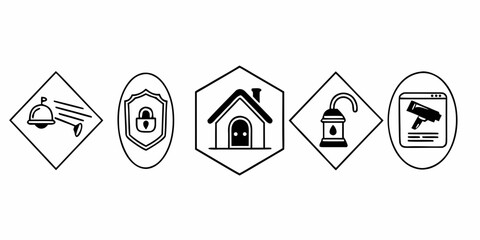Collection of security and safety icons including alarm, lock, home, unlocked, and surveillance camera