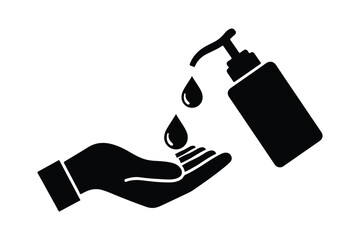 Black and white illustration of hand receiving liquid from pump dispenser