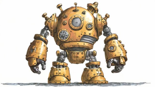 A steampunk-style robot with brass armor, gears, and rivets, cartoon drawing on white background, concept of retro sci-fi technology