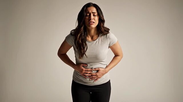 Expressive Woman Suffering From Stomach Pain Demonstrating Discomfort Against Neutral Background