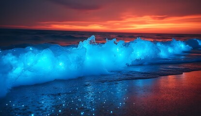 Bioluminescent ocean wave crashing on beach at sunset with fiery orange sky