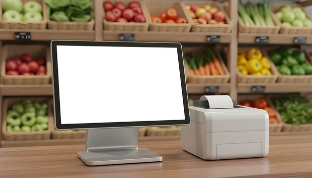 Modern point of sale system with blank screen and receipt printer set up at a grocery store counter with fresh produce in the background ready for retail use