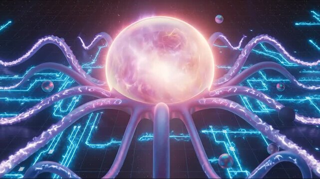 Evolving digital orb with neural network tentacles. Futuristic artificial intelligence concept. Global data connection and modern technology.