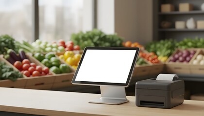 Modern point of sale system with blank screen and receipt printer in a fresh grocery store ready for retail business use