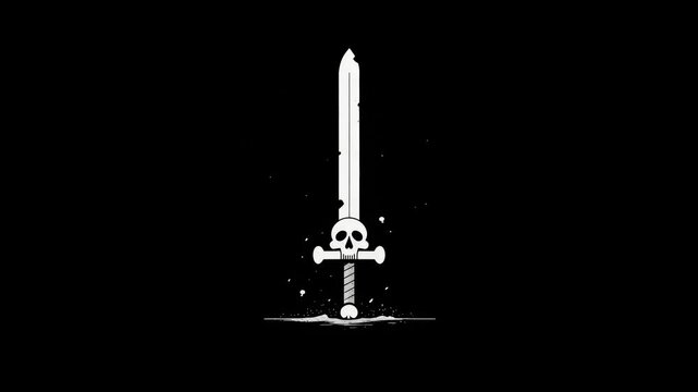 White stylized sword with a skull-shaped hilt vertically embedded in ground, minimalist graphic style, black background, symbol of danger and death