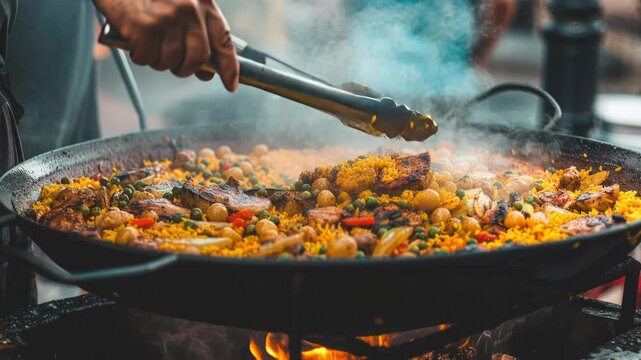 Close-up seafood paella pan steaming outdoors, large prawns and mussels atop saffron rice with lime wedges and parsley, server ladling portions with spoon