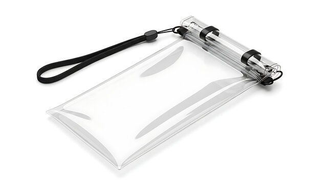 Transparent waterproof smartphone pouch with black lanyard isolated on white background. Universal dry bag case for underwater swimming and beach protection. Clear plastic mobile cover mockup.
