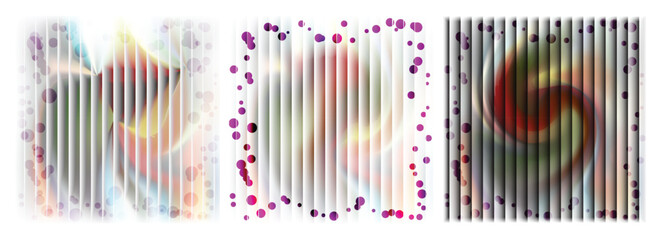 Captivating abstract digital artwork featuring a triptych of colorful patterns with a striped overlay