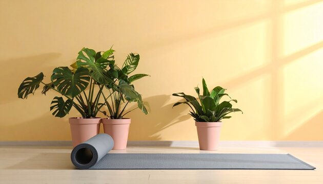 Minimalist yoga studio interior with monstera plants, mat, and light, creating a serene space - Powered by Adobe