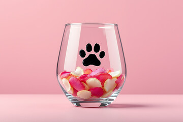 Elegant wine glass filled with vibrant pink and white rose petals, featuring a black paw print silhouette on a clean pink background.