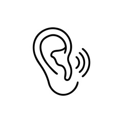 Simple black line icon representing a human ear with sound waves indicating hearing or listening, isolated on