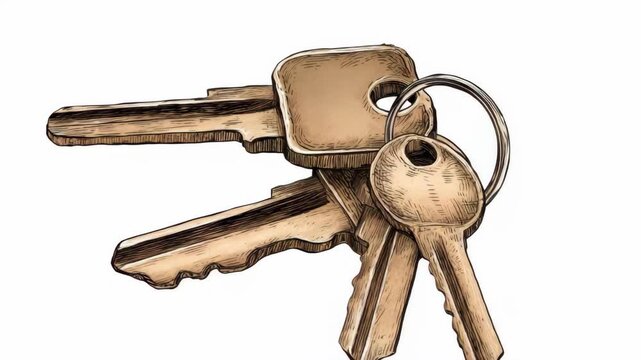 Group of old-fashioned house keys on a keyring, hand-drawn sketch style, isolated on white background, concept of security and access