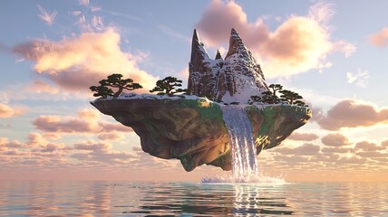 Enchanting fantasy castle perched atop a majestic floating island with a cascading waterfall over a serene ocean at sunset