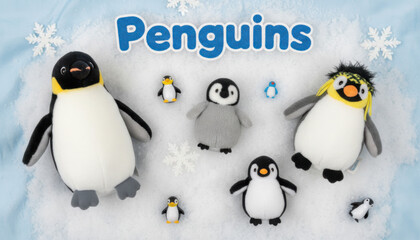 Obraz premium A charming collection of fluffy penguin toys arranged in a snowy winter wonderland setting
